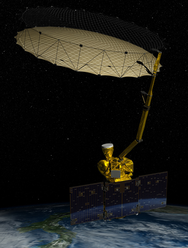Artist’s rendering of NASA's Soil Moisture Active Passive (SMAP) spacecraft in orbit.: NASA's next mission to study Earth is a soil moisture mapper known as SMAP (Soil Moisture Active Passive). Data from SMAP will be used to enhance understanding of processes that link the water, energy and carbon cycles, and to extend the capabilities of weather and climate prediction models including improved flood prediction and drought monitoring capabilities. Image Courtesy of NASA